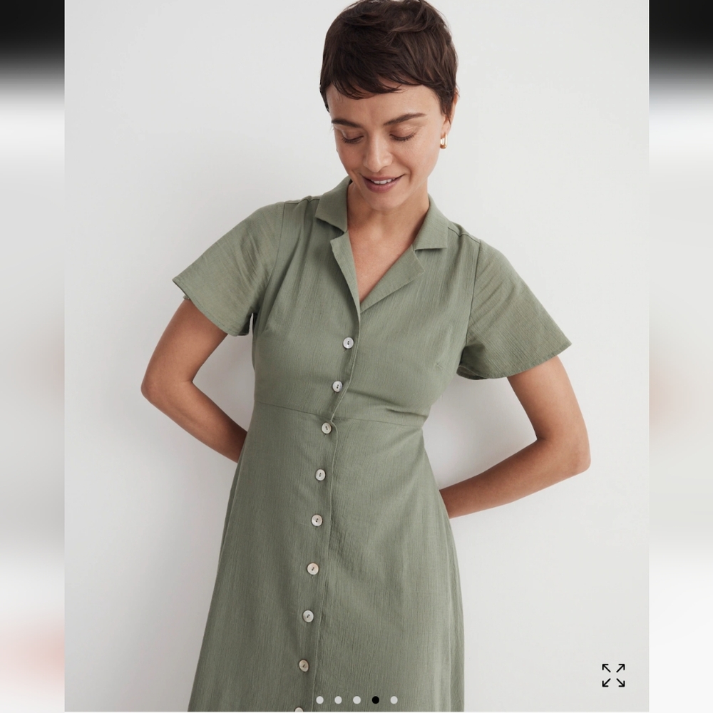 Madewell Crinkle Cotton Button-Front Midi Dress Green 8